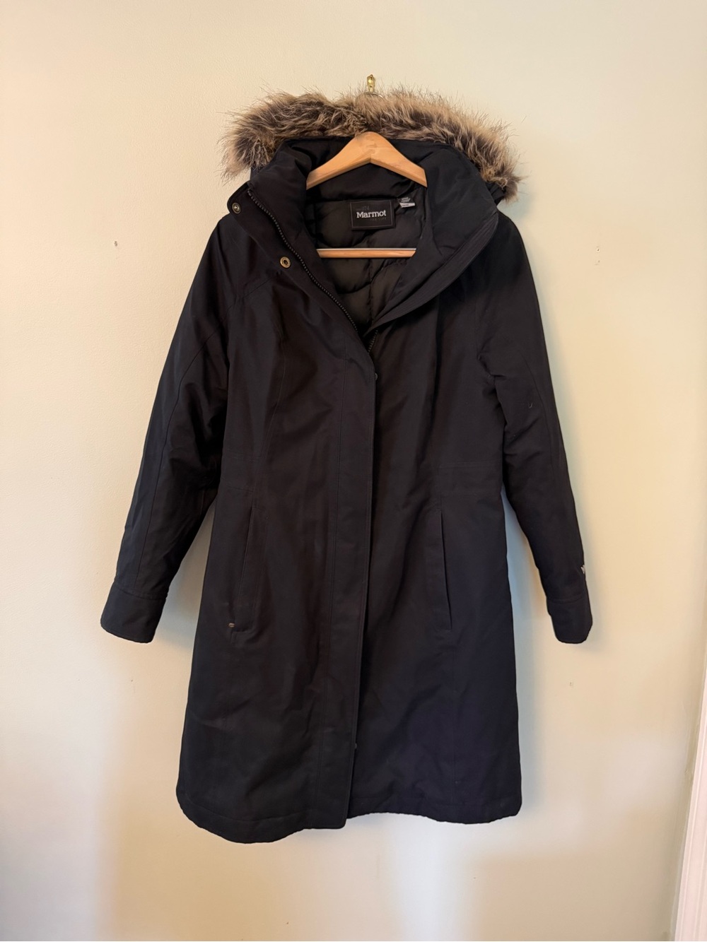 Marmot Black Long Insulated Hooded Parka with Faux Fur Trim